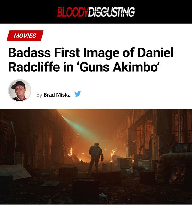 Tis true @bdisgusting this is the first official image released of GA with Dan! Wanna know how he gets here? You&rsquo;ll just have to wait and see! #gunsakimbo #bloodydisgusting #tiff #danielradcliffe #badass