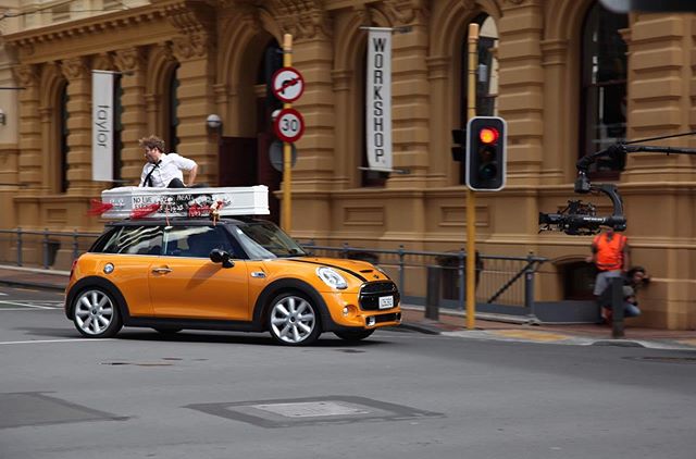 Four Knights Friday Flashback (yes, we&rsquo;re making it a thing... *trying) to racing a mini through the streets of Wellington with a coffin strapped to the roof in @porkpiemovie #nzfilm #4KF