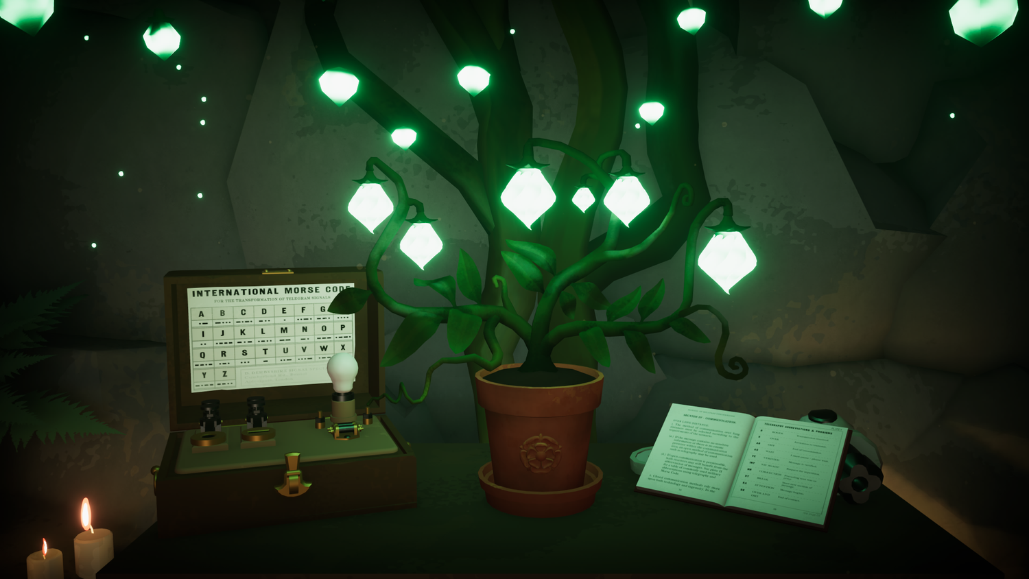 A glowing botanical puzzle in Botany Manor, with strange green flowers, books, candles and Morse code clues