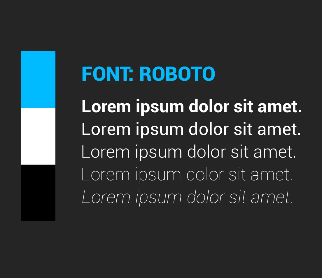 We decided on using the Font Roboto as we feel that it is a clean legible font that also has a somewhat futuristic feeling to it. Another factor when choosing the font was it came in several weights, this is good because we can use it for headers and body text.