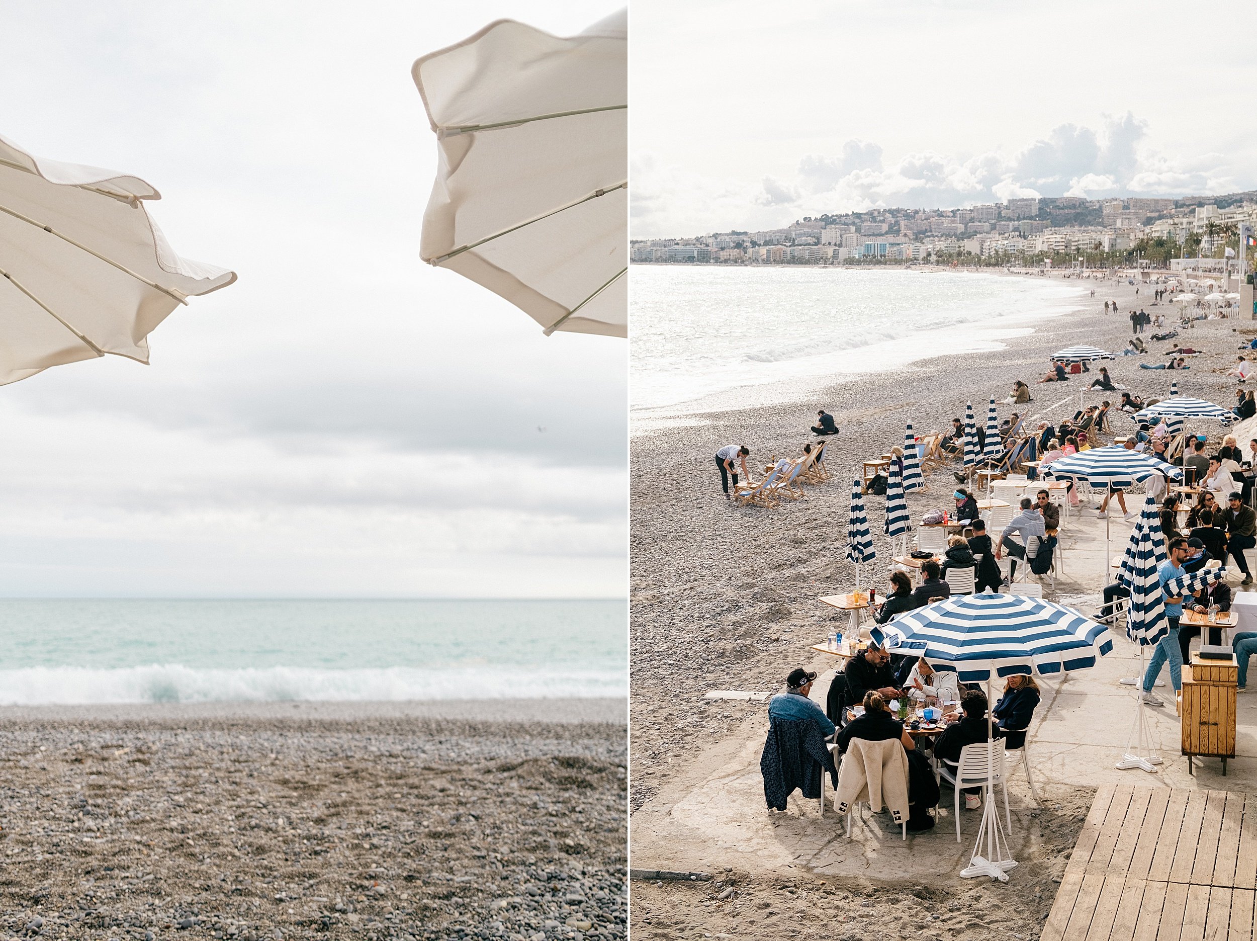 Sunseekers gather along Nice’s famous pebble beaches for a classic Mediterranean escape.