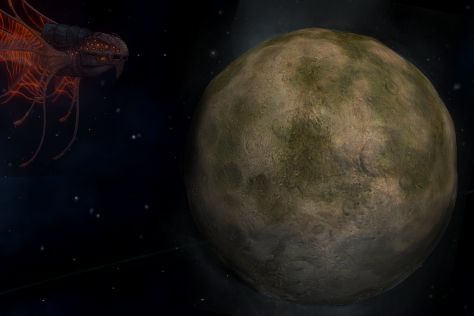 Image: An image of the tomb world of Desolas, taken with a telescope from a distance of 26ly. The irradiated hue of the planet is visible as a green tinge, and is noted to be so toxic even Leviathans, like the Ether Drake pictured, avoid it.