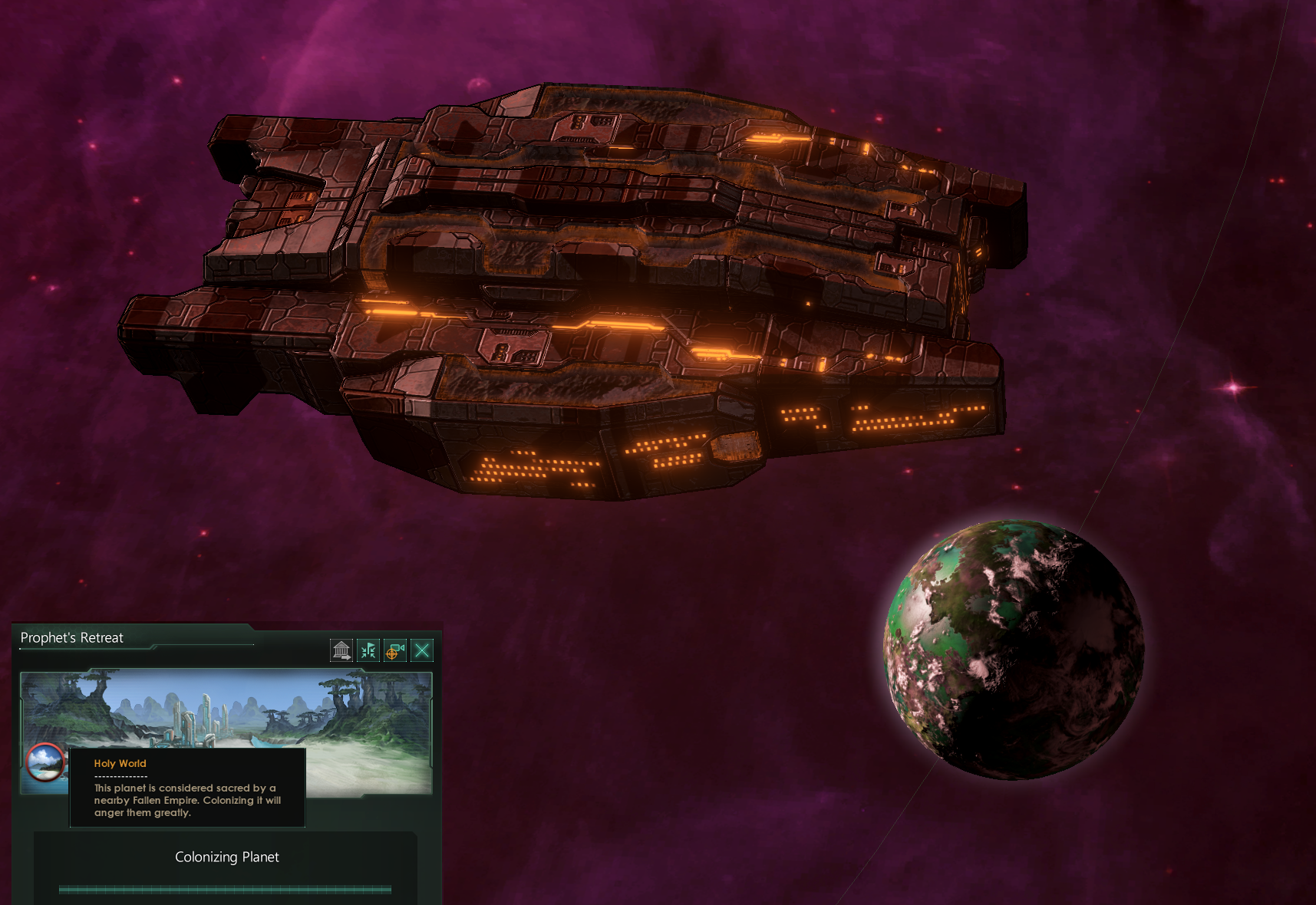 Image: Glaxanon colonists begin planetary colonization of Prophet's Retreat, seemingly ignoring warnings about its religious heritage.