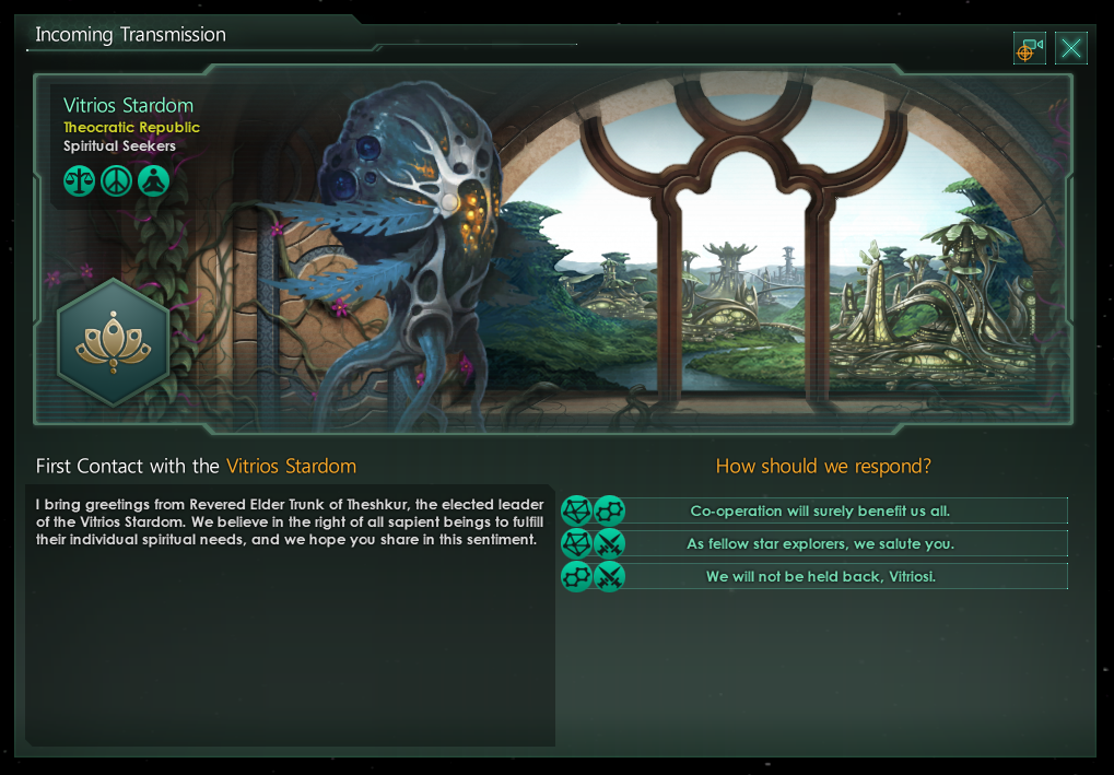 Image: The Rihi’Nar Coalition has devoted hundreds of hours of deliberation over which greeting to send to their newly discovered neighbours, the Vitrios Stardom.