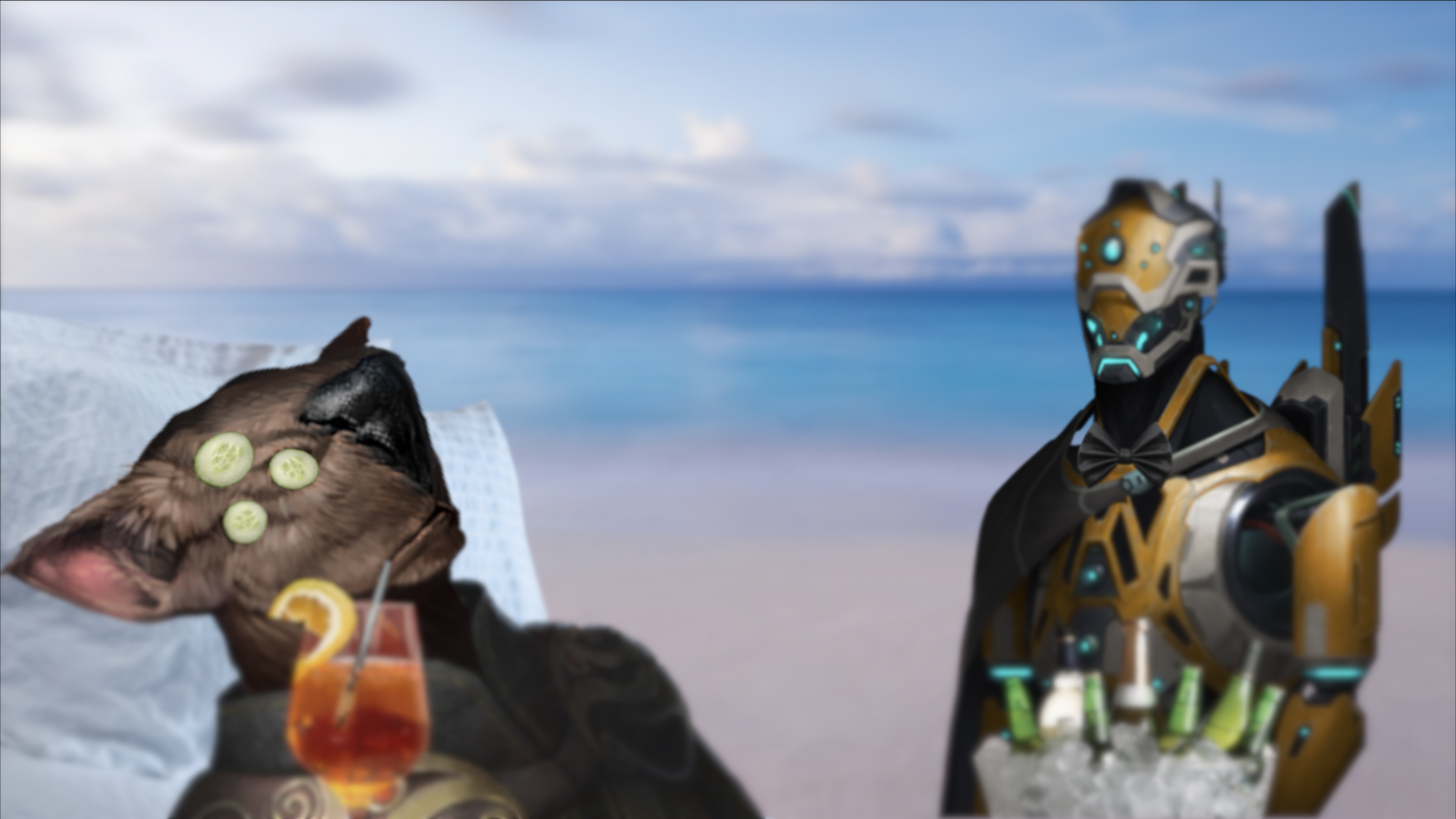 Image: A Sinrath bio-trophy enjoys mandatory relaxation in one of thousands of Paradise Domes on Dekronia, as requested by its ever watchful robotic Custodian.