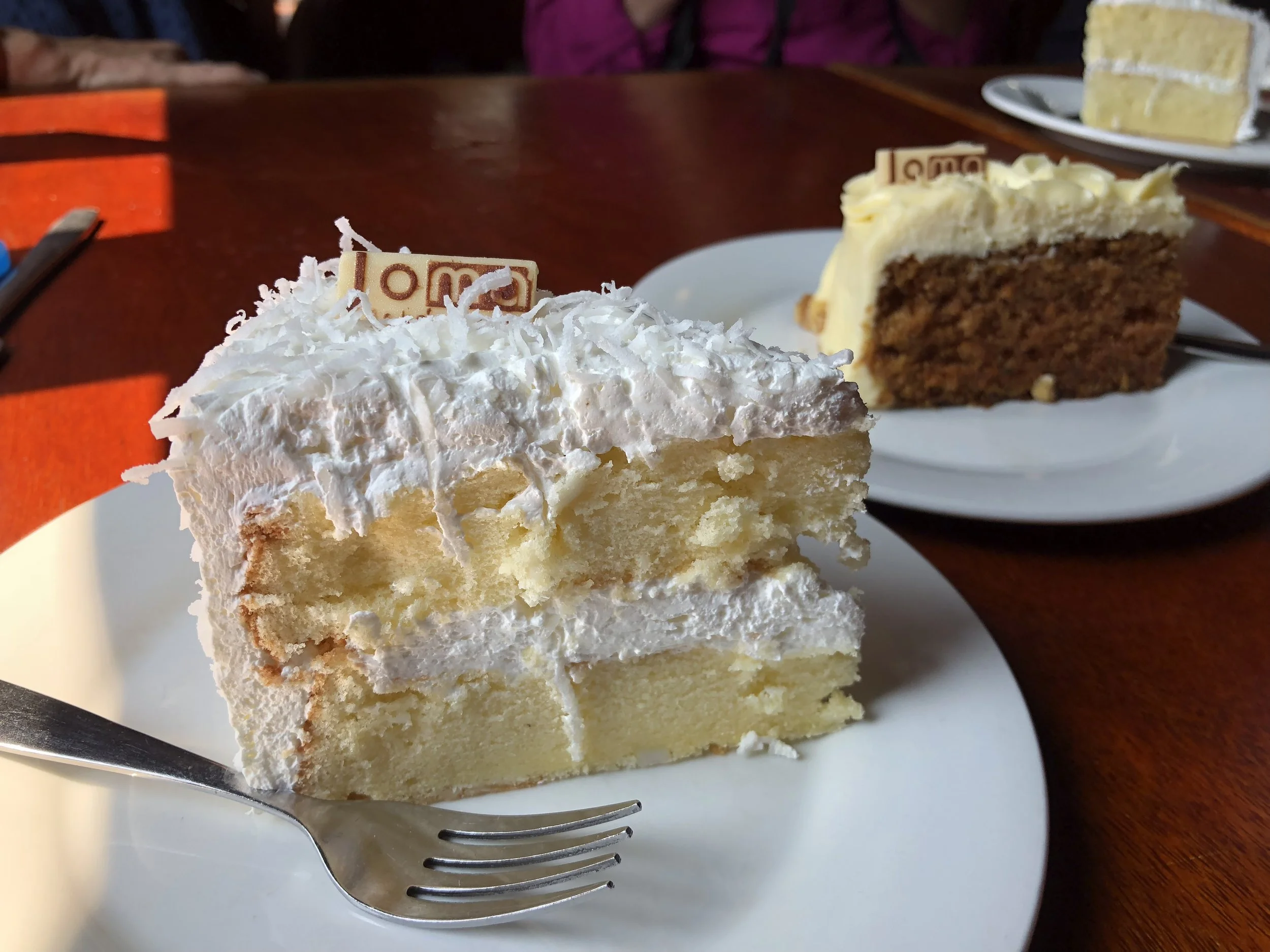 Coconut cake (front) and carrot cake (back) from Joma Bakery in Luang Prabang.