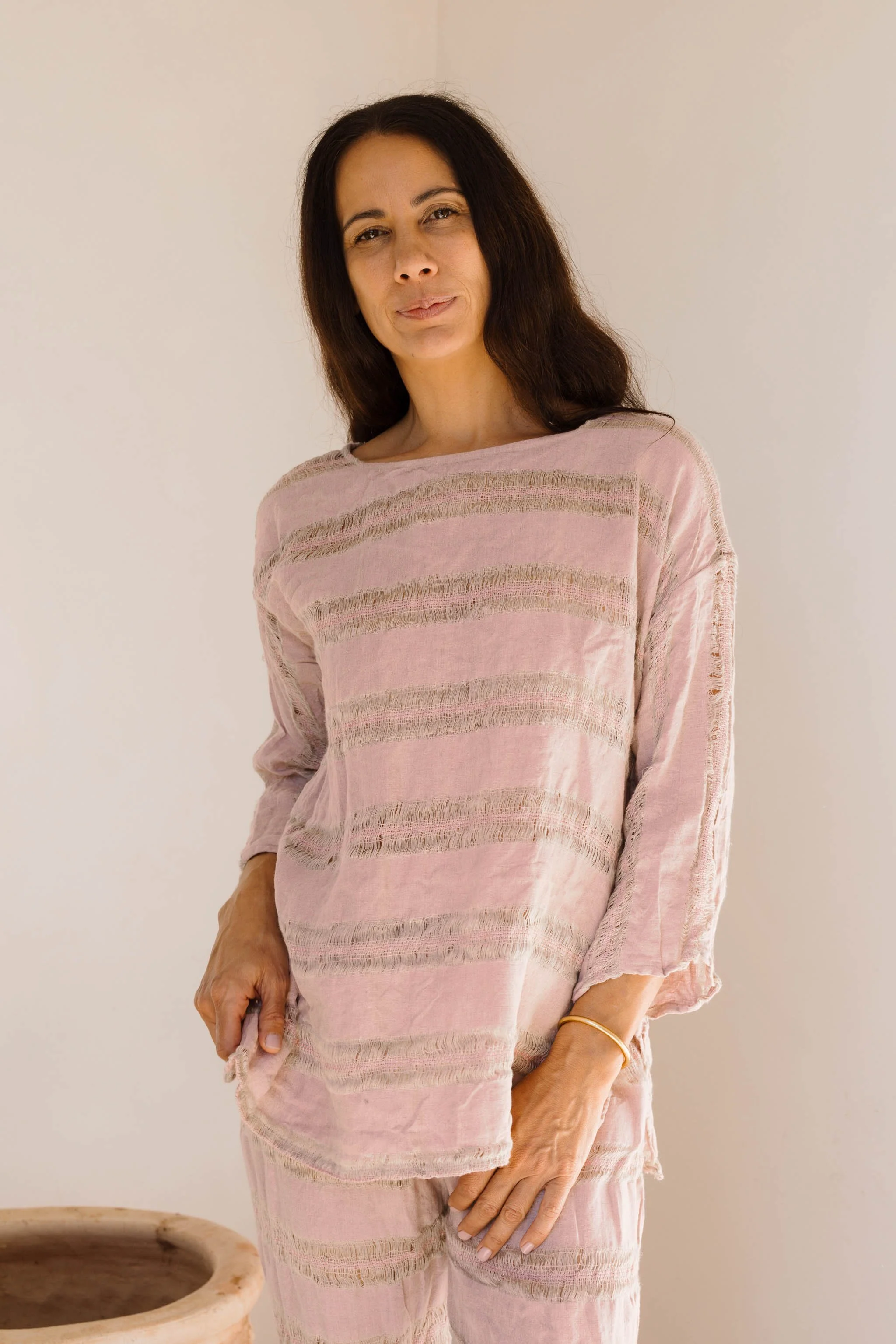 Positano Top With Sleeve Raw Stripe Rosa