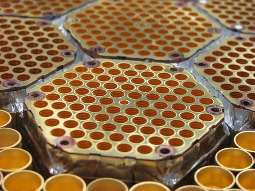 Close-up of one of the seven 150 GHz detector modules in the SPTpol focal plane.