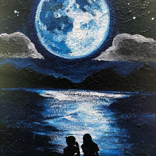 An anniversary gift for a couple whose song is &ldquo;Moon River.&rdquo; Great textures were created by painting over a practice canvas.