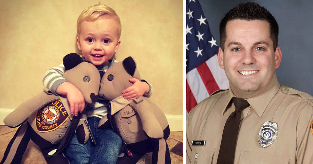 Friends of fallen St. Louis County police office Blake Snyder ordered two Blessing Bears for his 2-year-old son Malachi. His mother posted this photo of his bears on Facebook. 