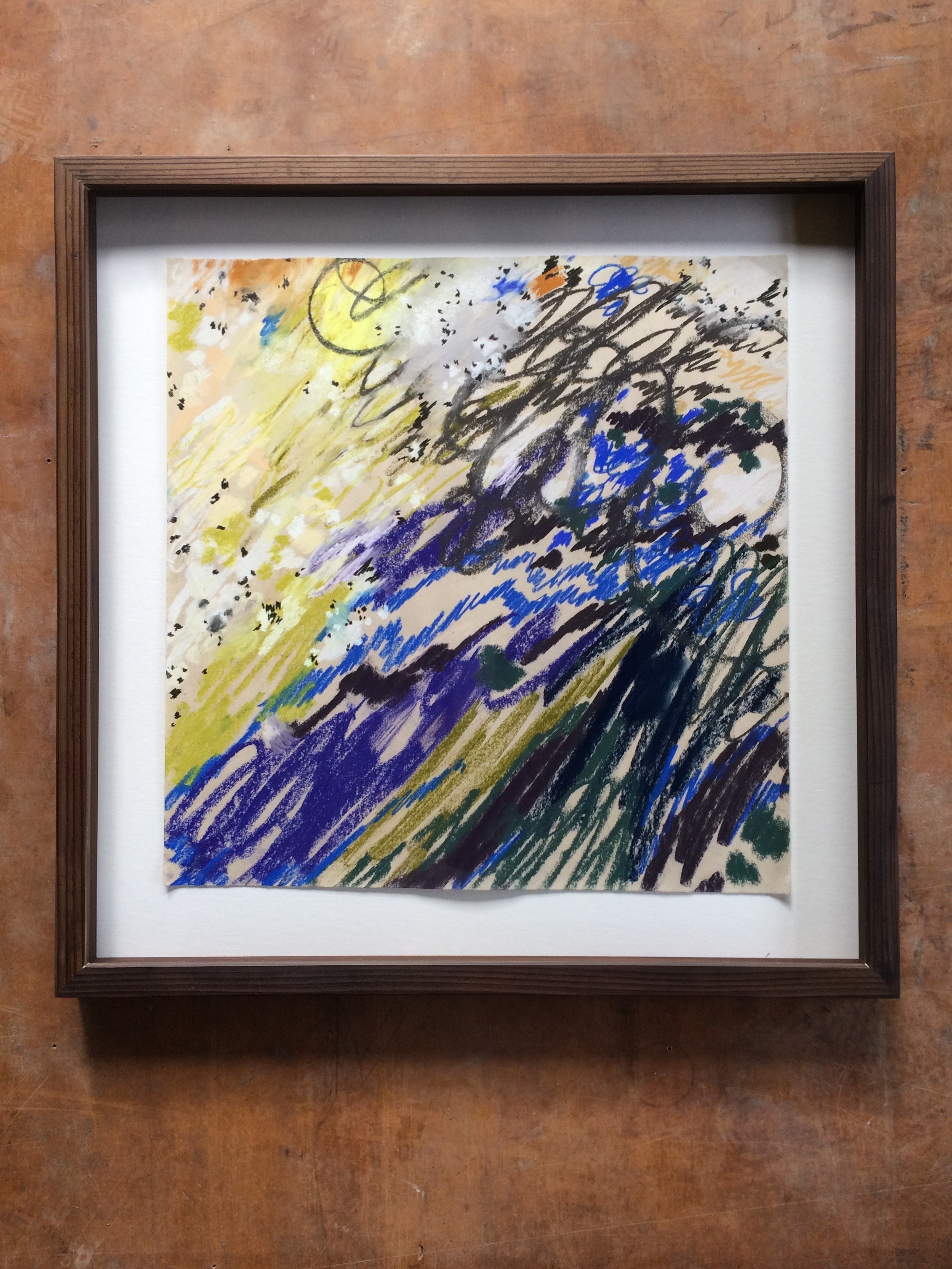 chalk and pencil on newsprint (approximately 19 x 20.5 inches unframed) hand built oiled redwood frame