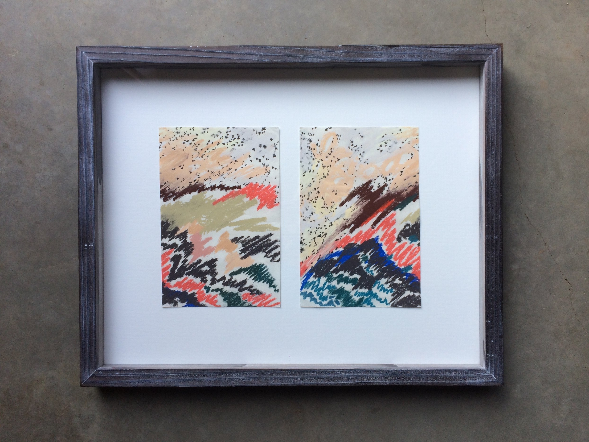  chalk and pencil on paper  diptych ( both pieces 5.5 x 9 inches unframed)  hand built lime-washed redwood frame  SOLD 