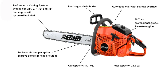ECHO's most powerful chain saw. 24", 27", 32", and 36" bar lengths.
