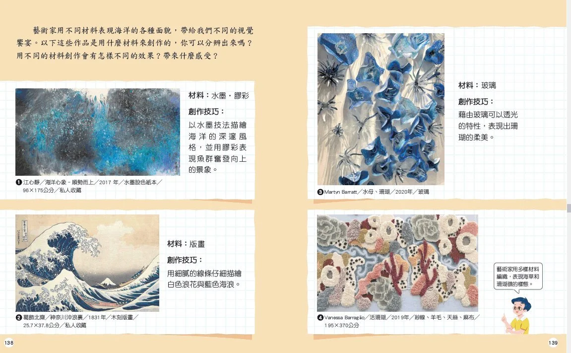 心靜很喜歡日本版畫大師北飾葛齋的代表作「神奈川沖浪裡」,沒想要有機會一起列入國教院審定康軒版 「國小6上藝術」課本,深感榮幸。