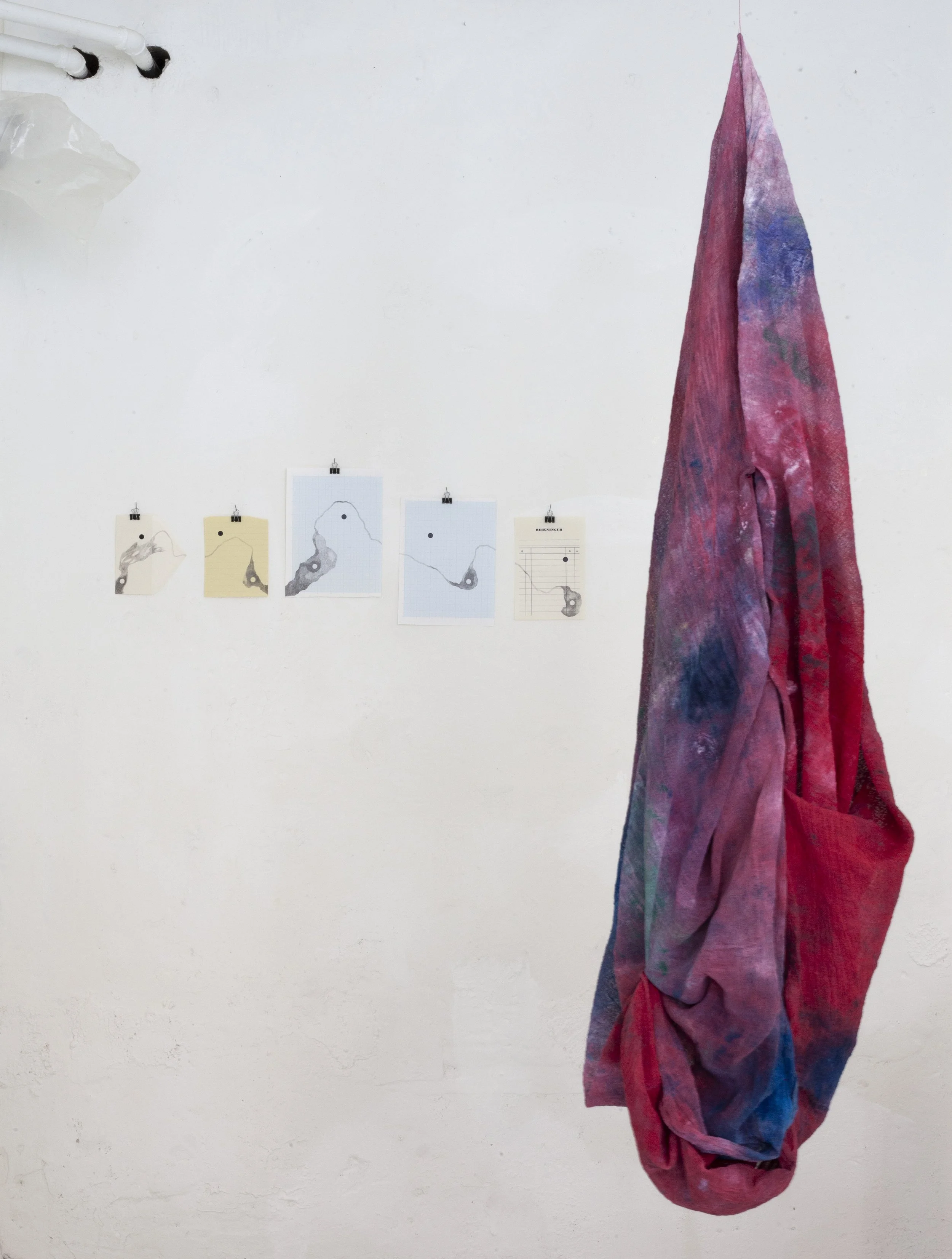 Left: Cord, 2025, Una H. Colquhoun, drawings on found paper, Right: Cocoon, 2025, Hrafnhildur Halldórsdóttir, Acrylic on cheesecloth 