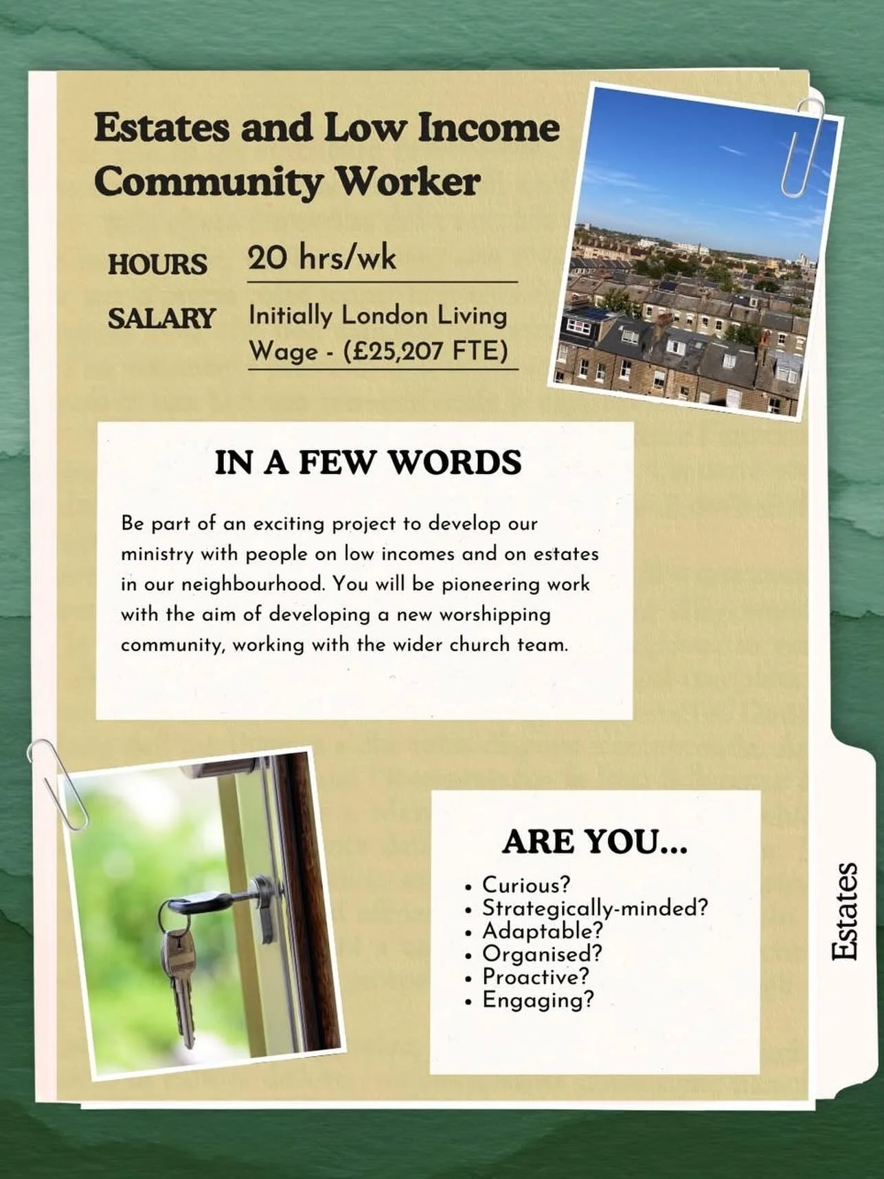 🏘️ Today, we are highlighting the Estates and Low Income Apprentice role. This is an exciting opportunity to help build new connections on local estates and among people on low incomes, with the aim of shaping a new worshipping community.

We are lo