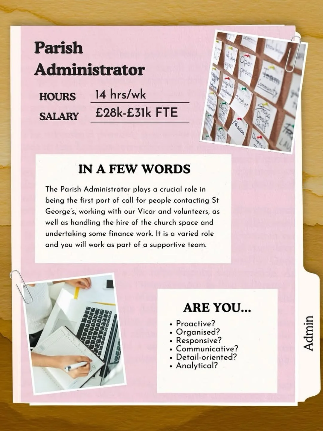 🗂️ Role Spotlight: Parish Administrator

This Thursday, we are highlighting a new part-time opportunity at St. George&rsquo;s. This position sits at the centre of our parish life and supports communication and operations across the church.

The Pari