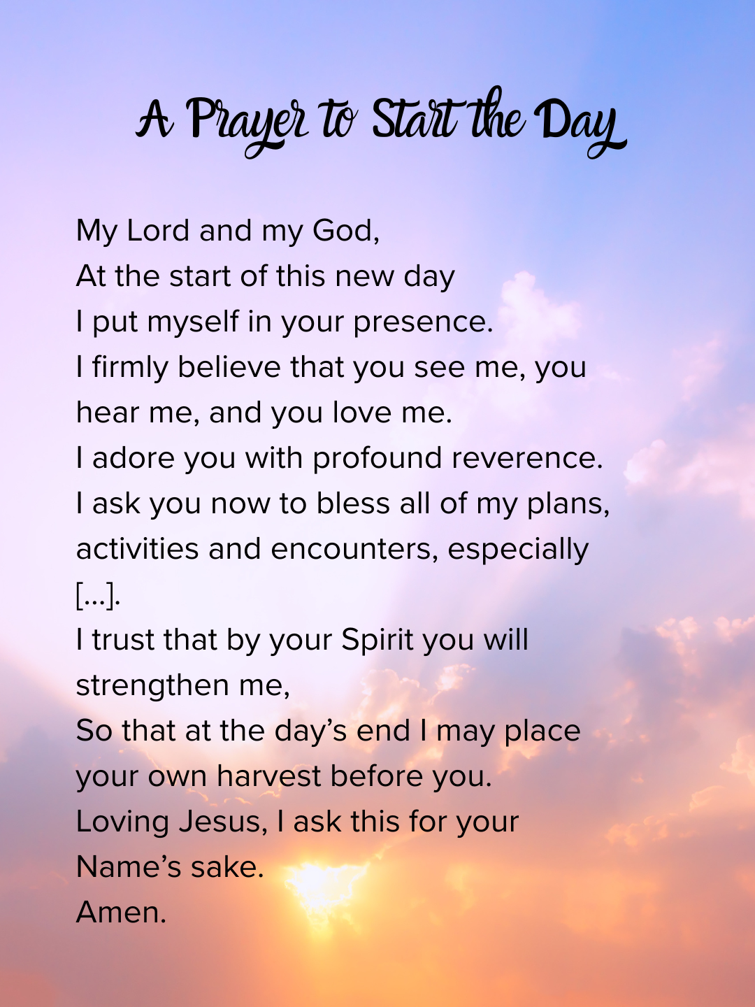 An image of the sunrise that says "A Prayer to Start Your Day."