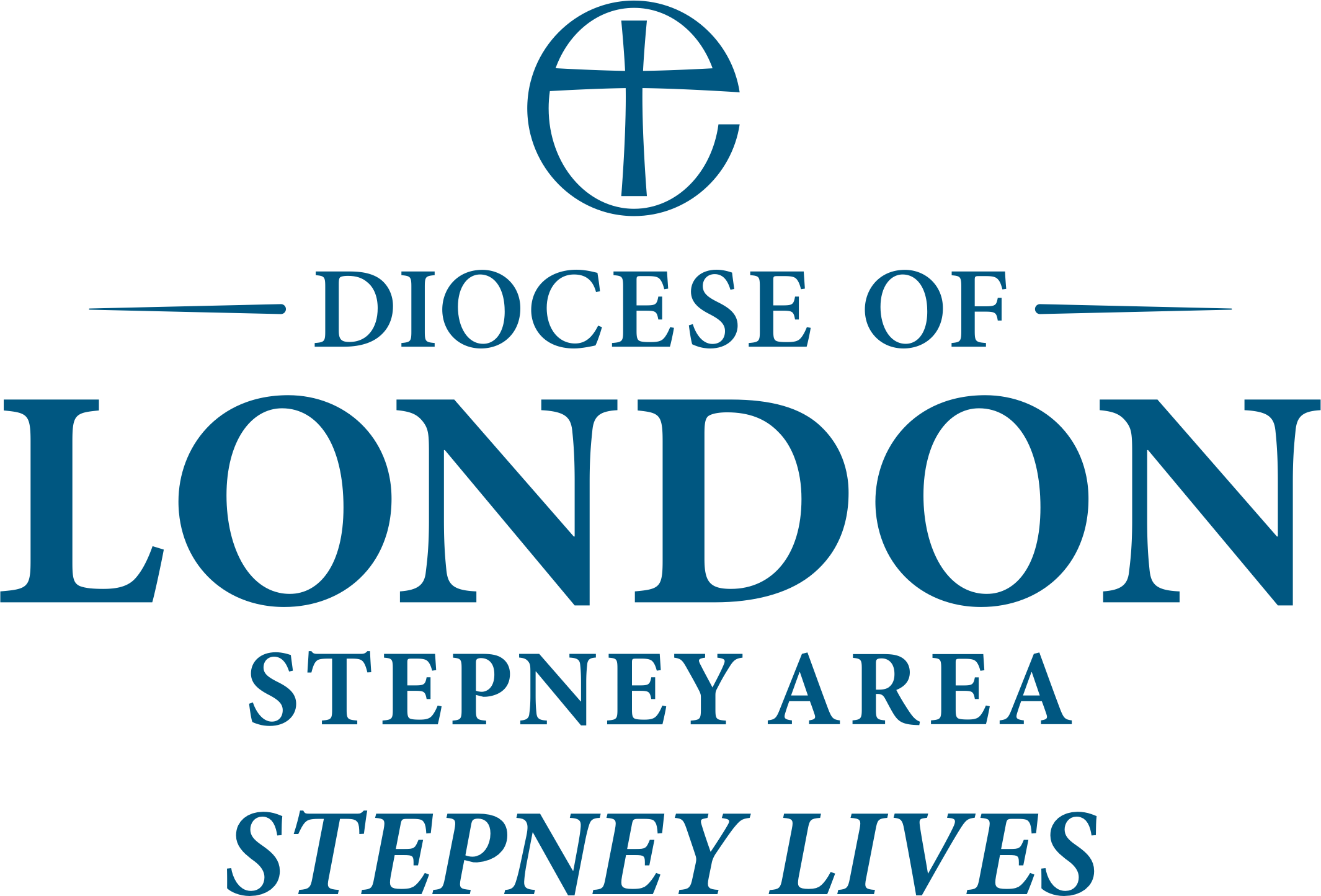 A blue cross inside a blue lowercase e, with “Diocese of London” written below in blue capital letters.