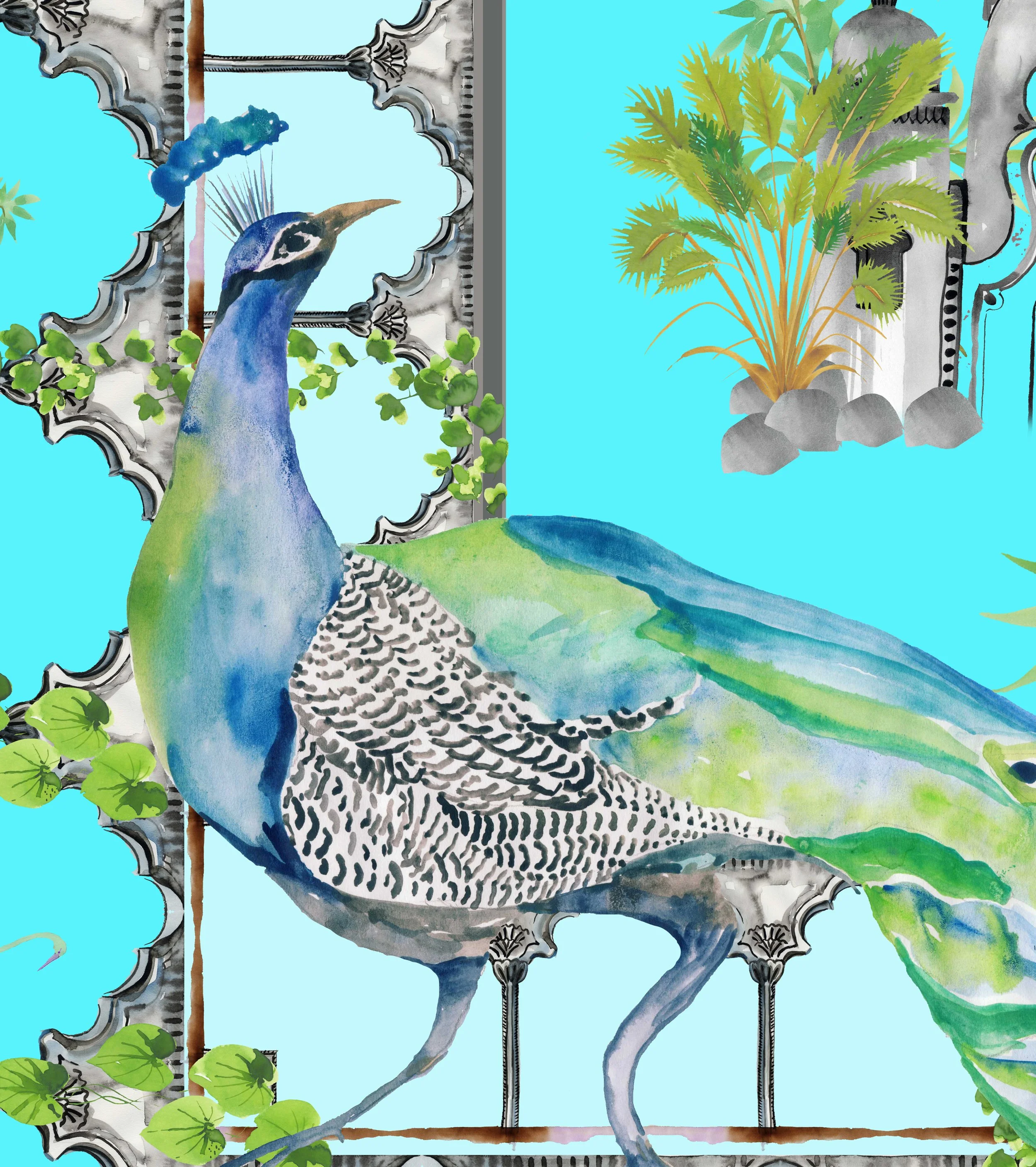 'Indian Palace' scarf featuring a peacock with vibrant blue and green feathers, standing on a decorative teal and grey ornate arches background with greenery and plants.