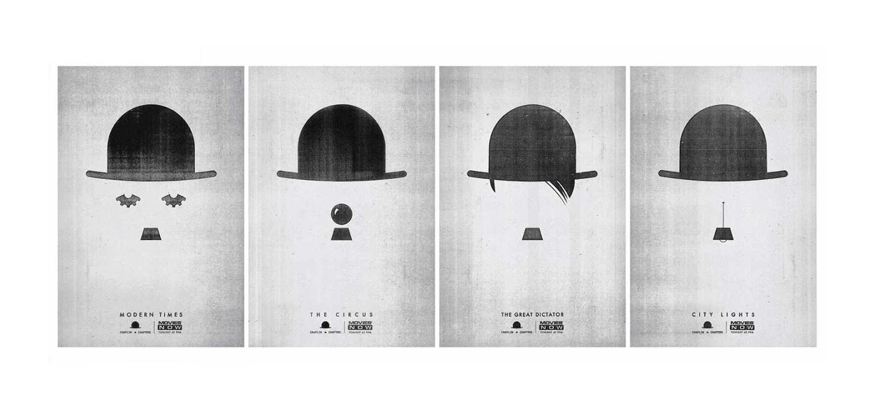  We leveraged the iconic value of Chaplin's hat and moustache to design minimalist posters for a film festival on a movie tv network. Subtle variations in each poster gave out hints on the narrative of the movie. 