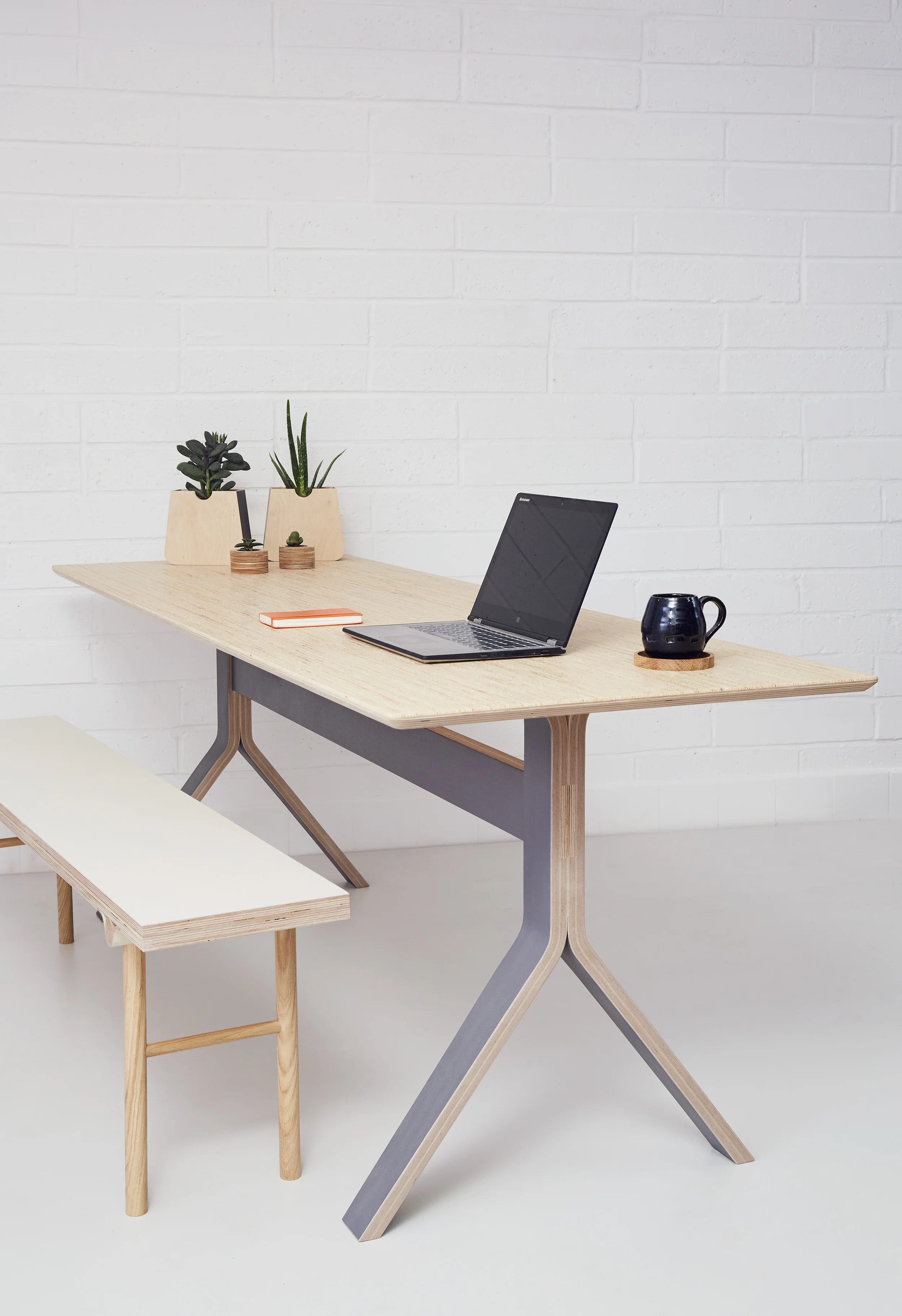 Desk set up by Lozi, with plywood Sea Table, Erlen planters and bench