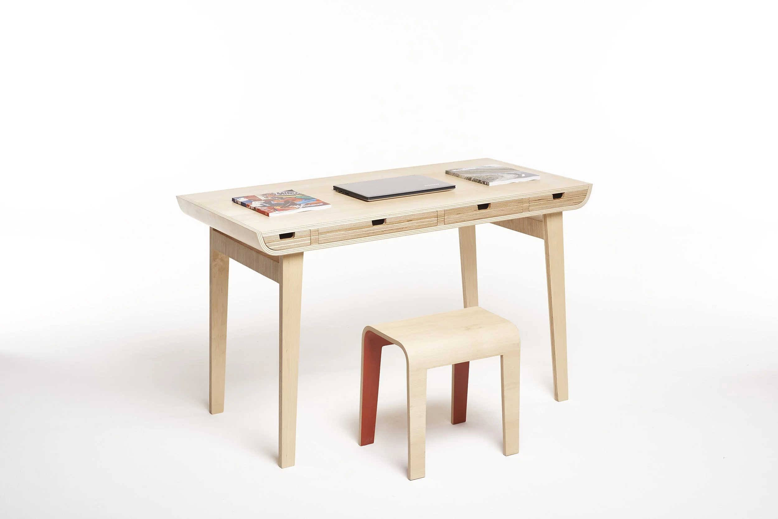 Curved plywood stool and bespoke desk by Lozi