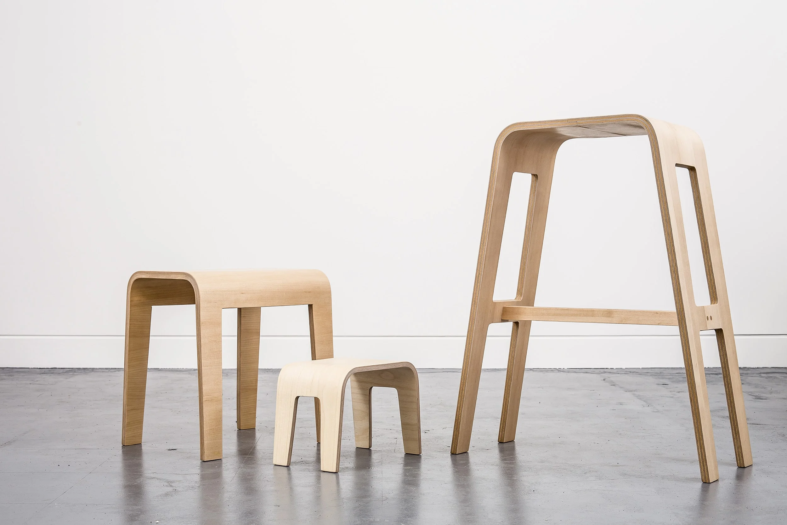 Curved plywood stool, bespoke children's stool and bespoke bar stool by Lozi