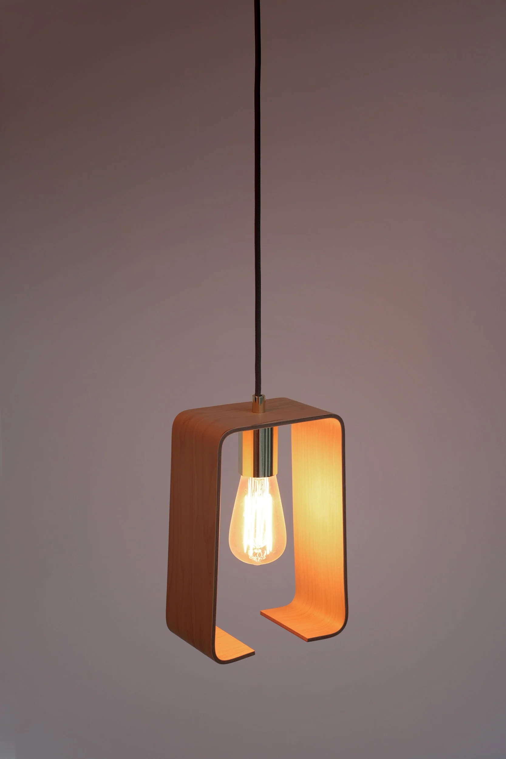A single curved plywood and filament bulb Fab lamp from Lozi's curved plywood furniture collection