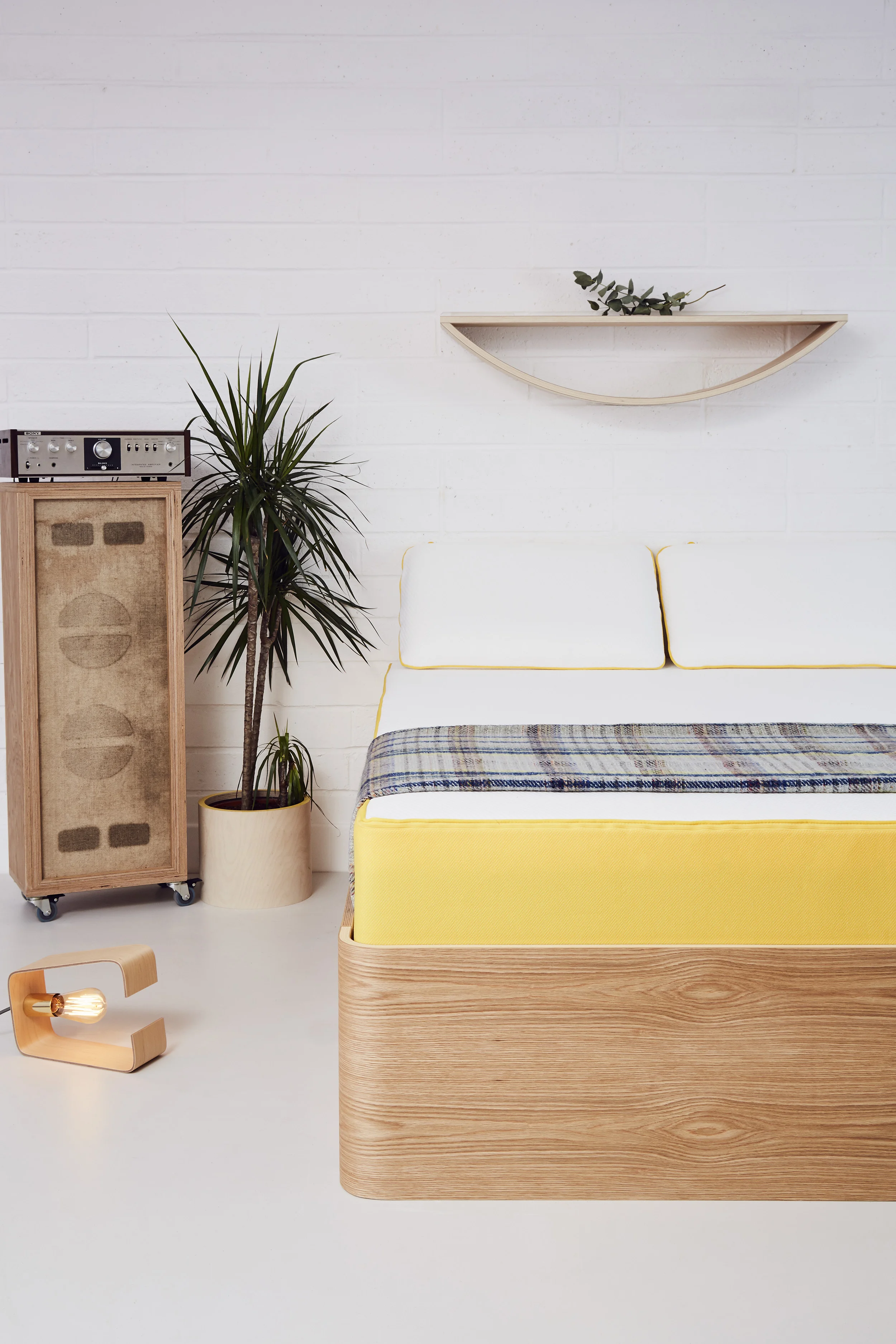 Bedroom set up with Smile shelf, Fab Lamp, Plant pot cover and Bed Frame by Lozi