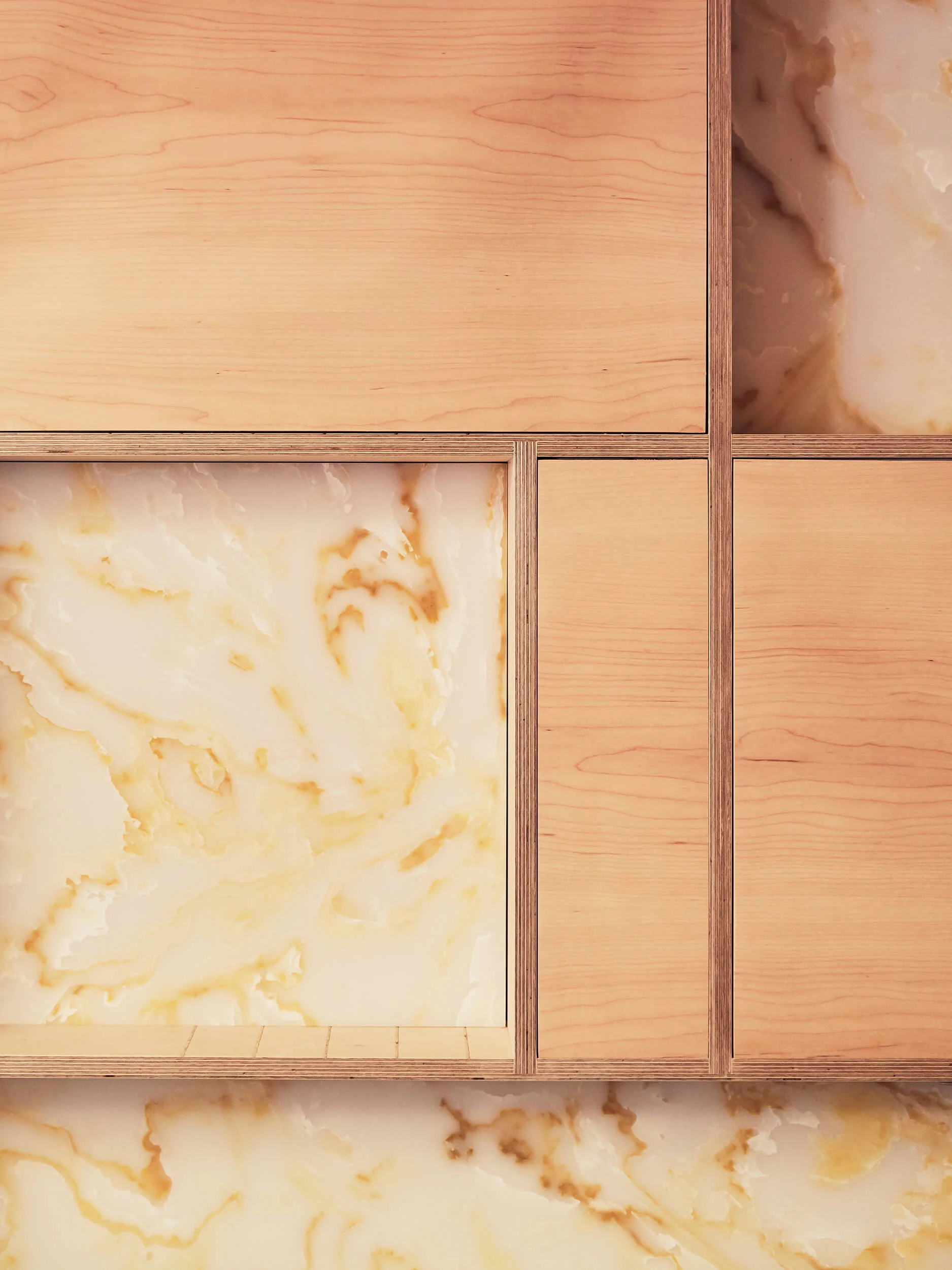 A close upof the plywood and translucent acrylic bar when not backlit.