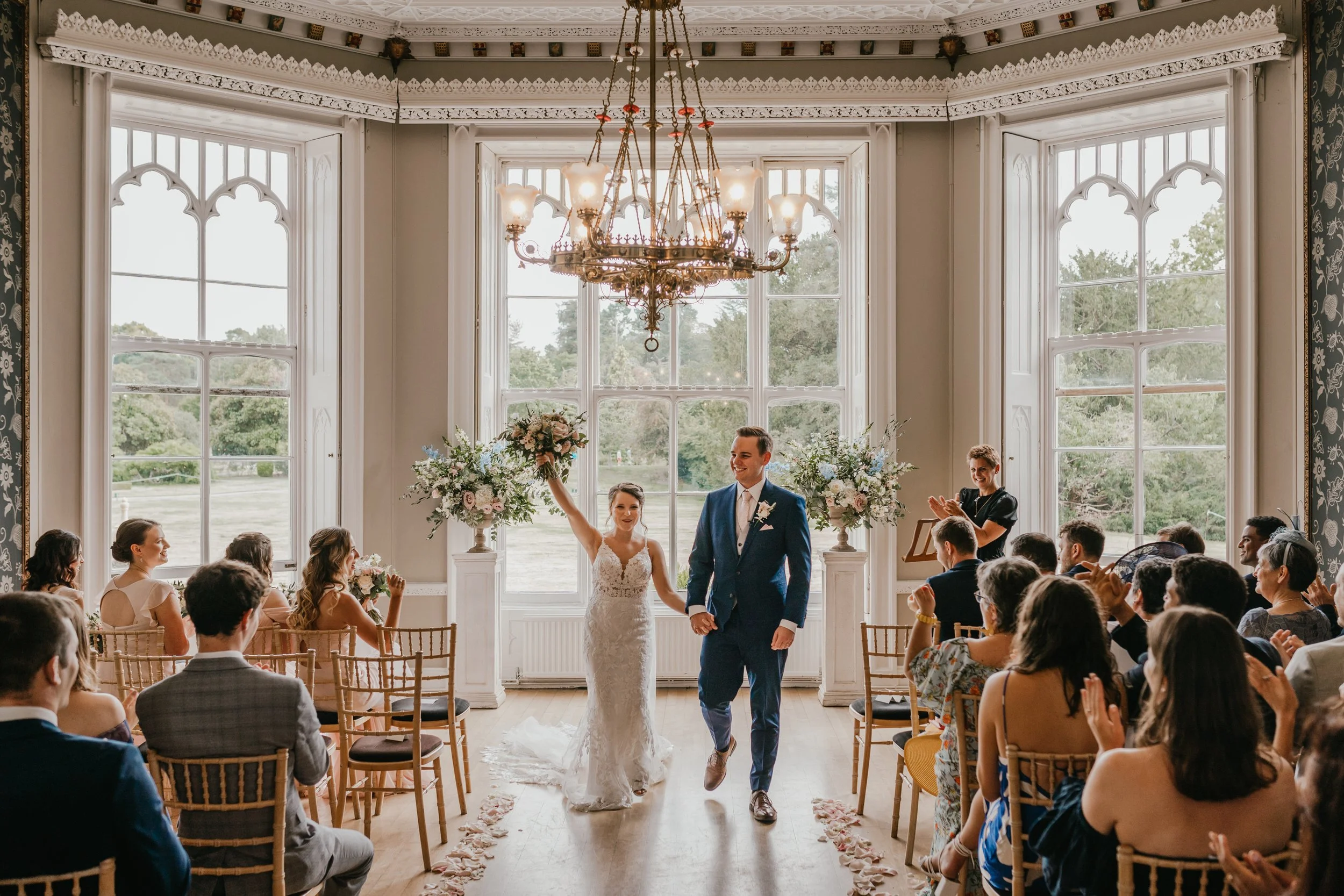 Elegant dining setup in the Grand Hall at Great Fosters wedding venue, Surrey