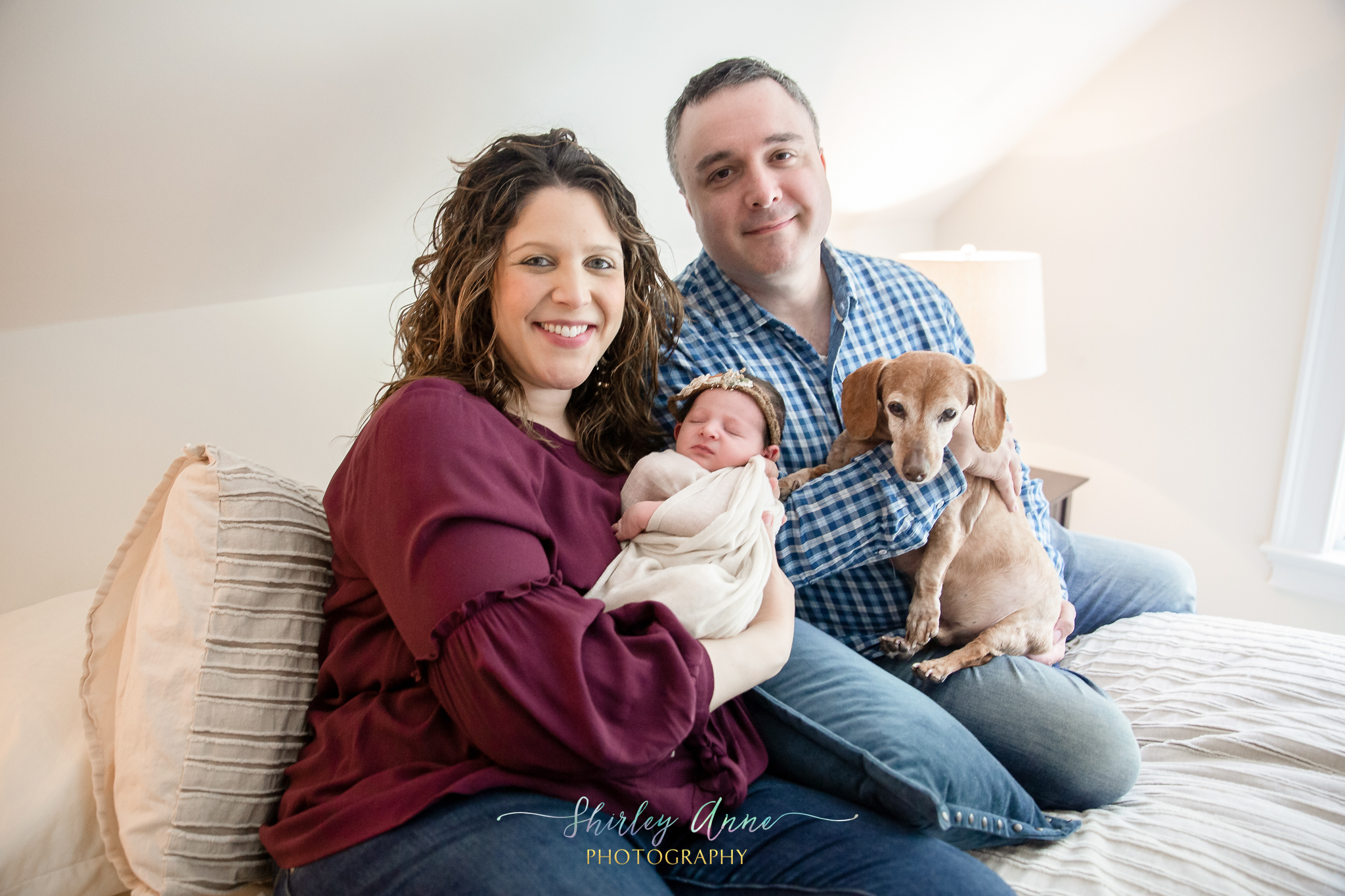 newborn baby girl with family and dog boston ma