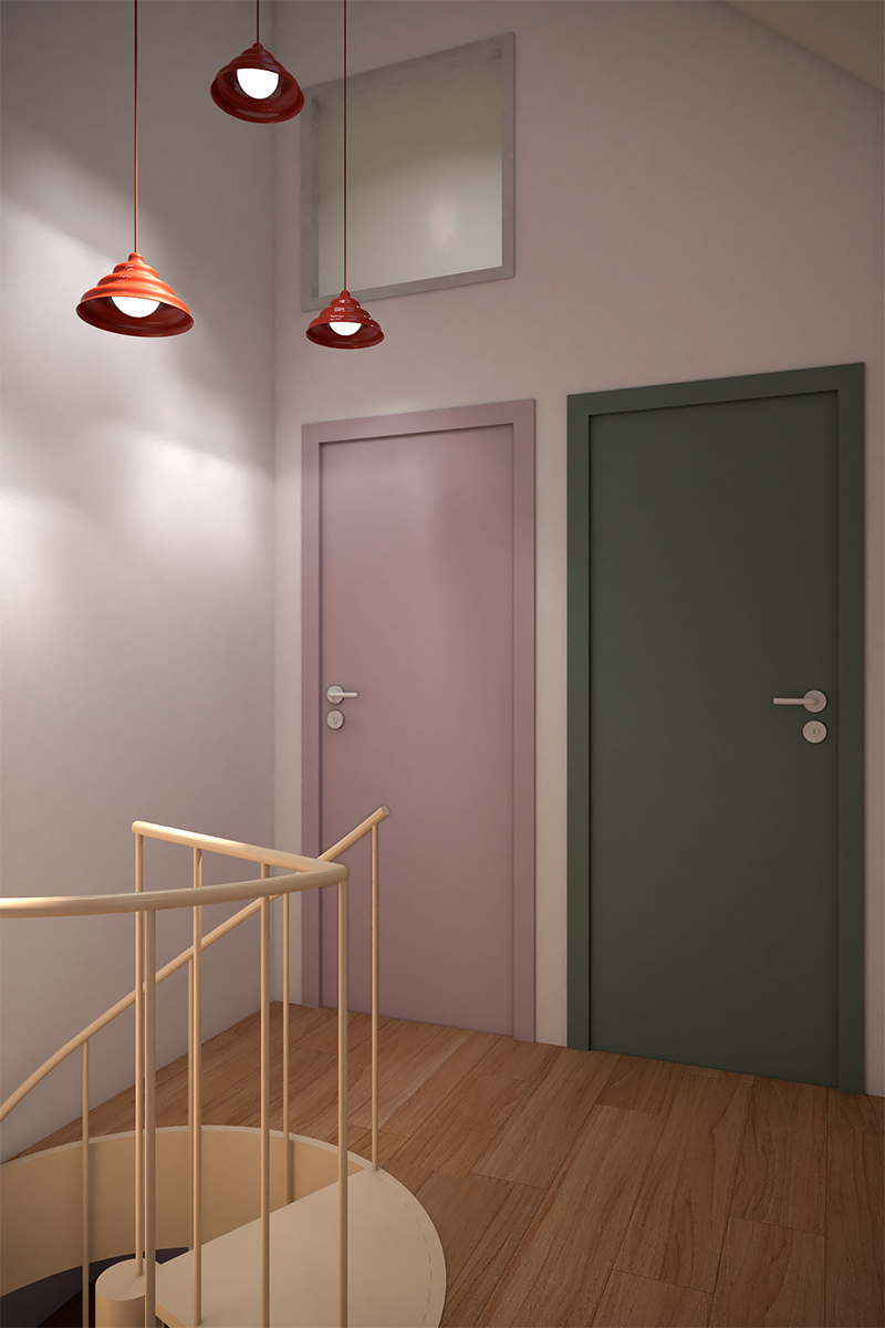 Aménagement d'un hall de nuit à Ath avec un sol en parquet de bois chaleureux et des portes de chambres peintes dans des couleurs audacieuses