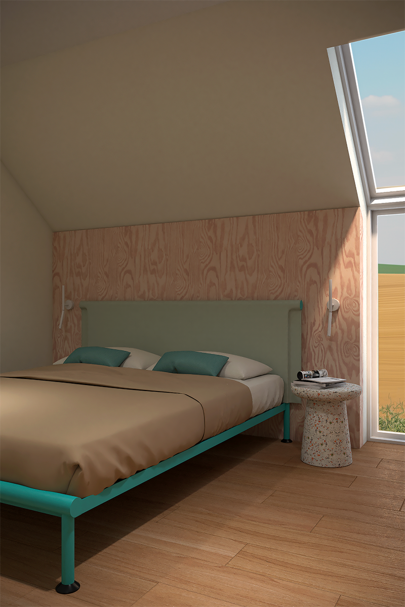 Aménagement d'une tête de lit minimaliste en multiplex de bois avec prises et liseuses intégrées dans une chambre parentale épurée