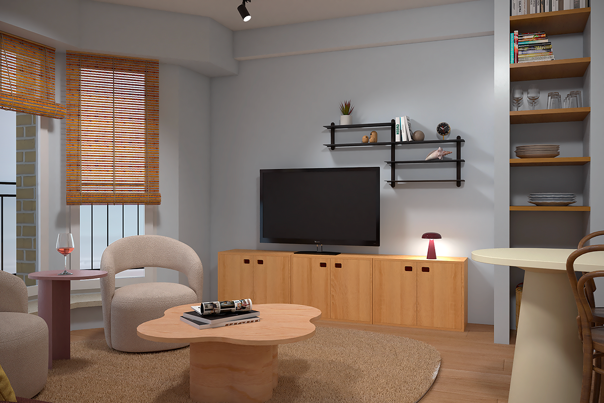 Décoration d'un salon cosy et chaleureux dans un appartement à la Côte Belge, mêlant textiles doux, touches de bois et lumière naturelle par mökki mökki.