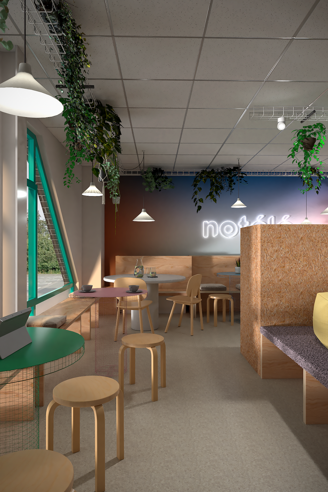 Aménagement d'un espace de coworking pour entreprise à Tournai avec tables colorées, mobilier en bois et chemin de câbles suspendu orné de plantes vertes