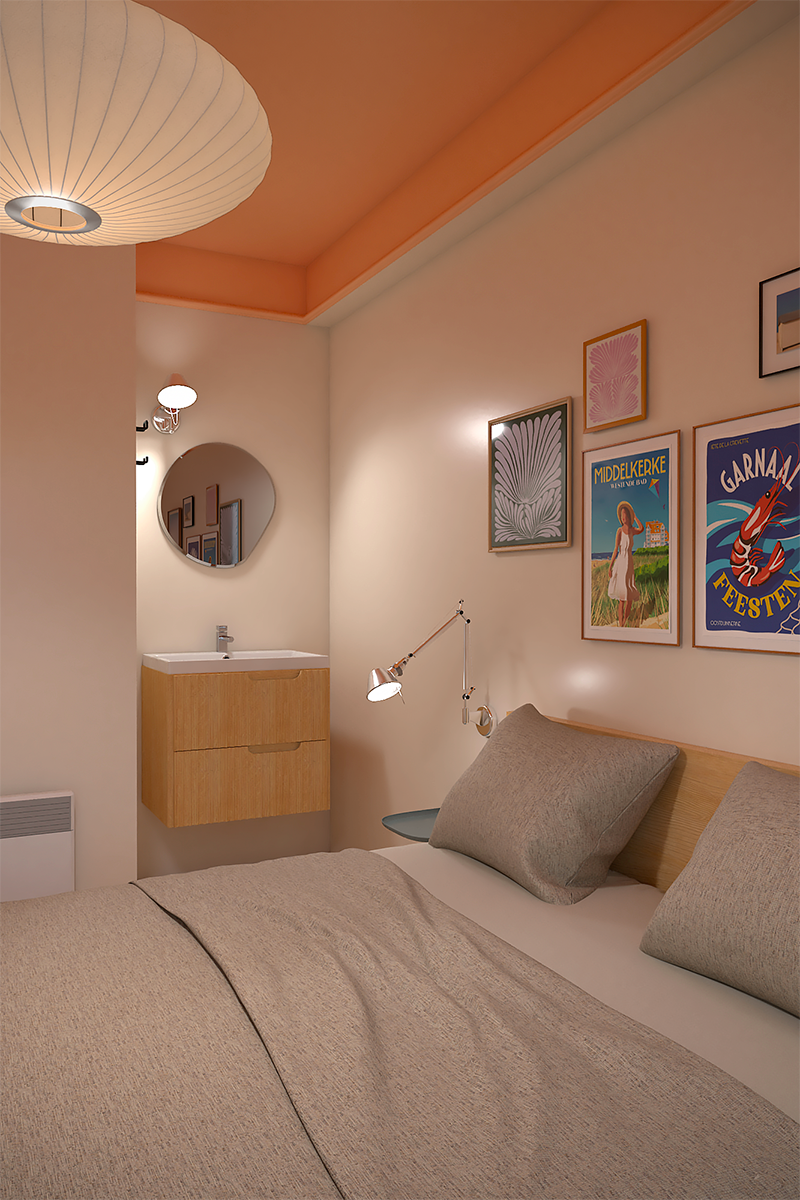 Décoration de chambre parentale minimaliste avec un plafond coloré diffusant une lumière douce sur les murs