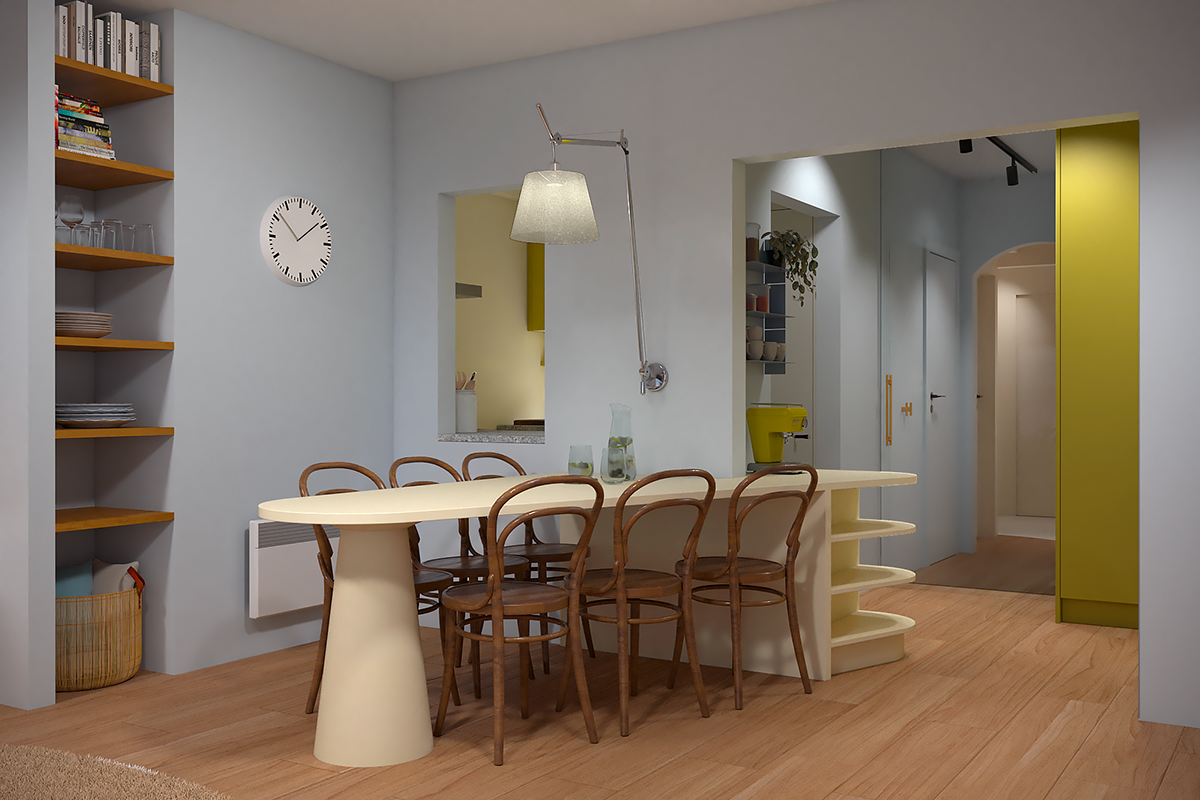 Aménagement d'une salle à manger lumineuse dans un appartement à la mer, avec mobilier épuré et décoration sur-mesure signée mökki mökki.