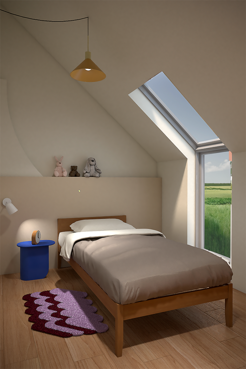 Aménagement d'une tête de lit minimaliste en MDF peint en beige  avec prises et liseuses intégrées dans une chambre enfant épurée