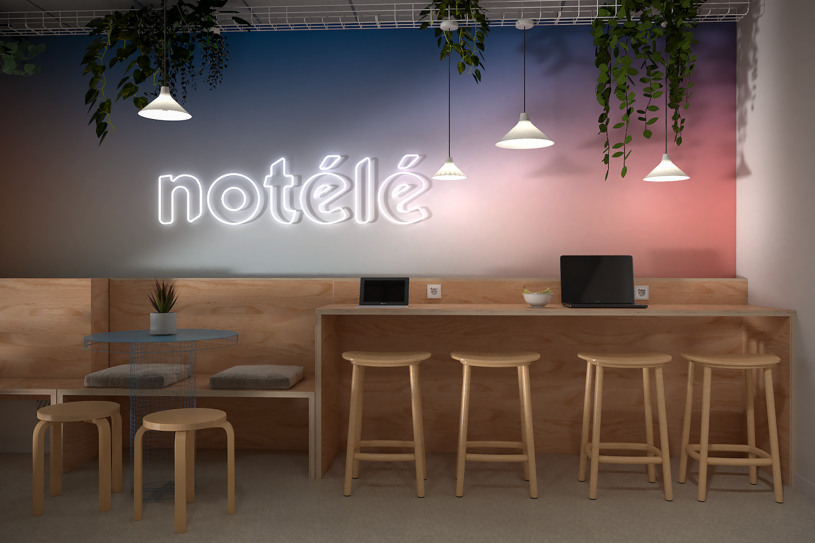 Fresque peinte sur un mur d'accent aux motifs géométriques et colorés pour dynamiser l'espace détente d'une entreprise