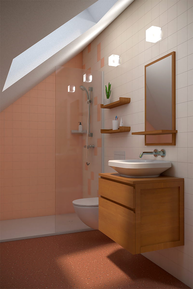 Meuble de salle de bain suspendu sur-mesure avec petite vasque dans une ambiance colorée rétro