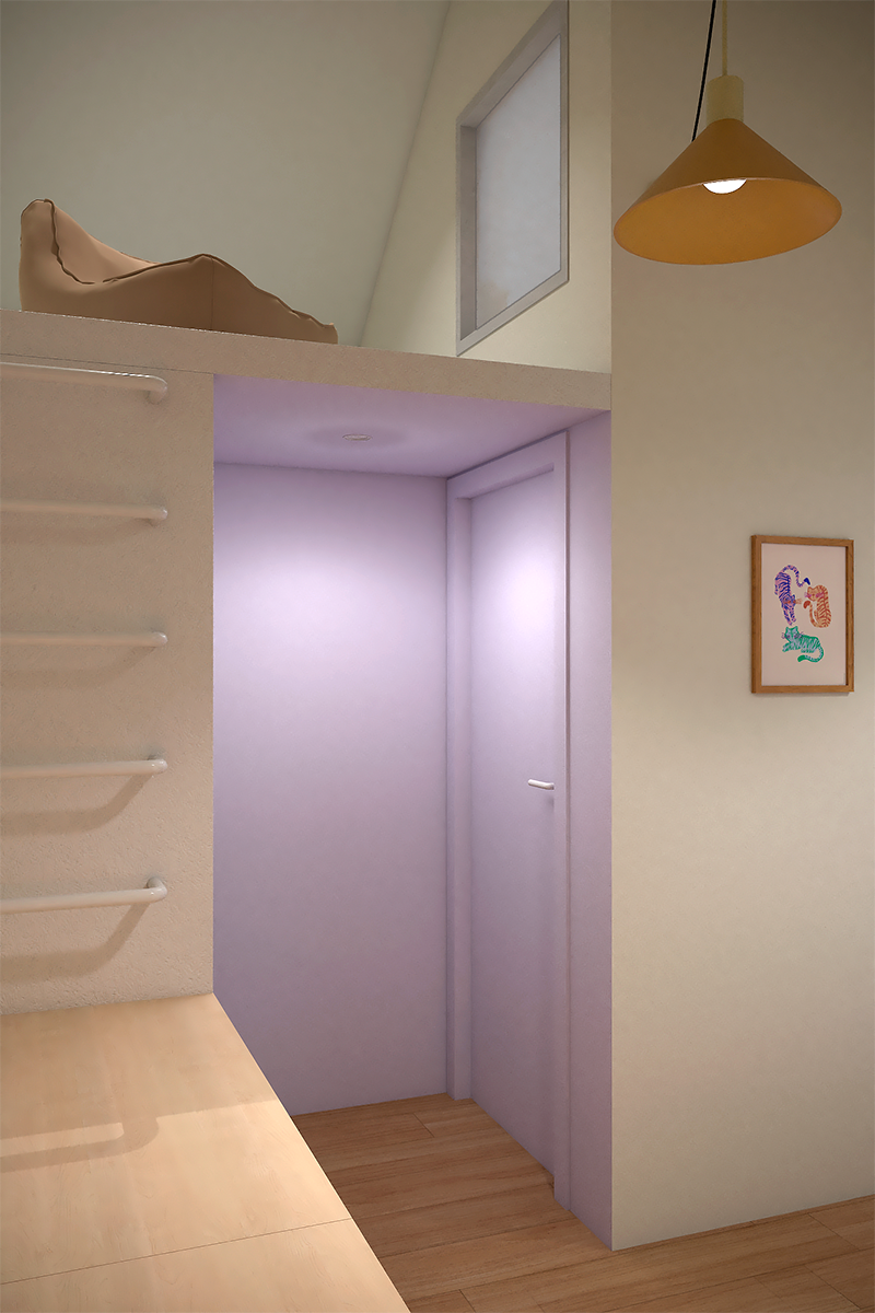 Petit coin lecture ludique aménagé en mezzanine esprit cabane au-dessus de l'entrée d'une chambre d'enfant