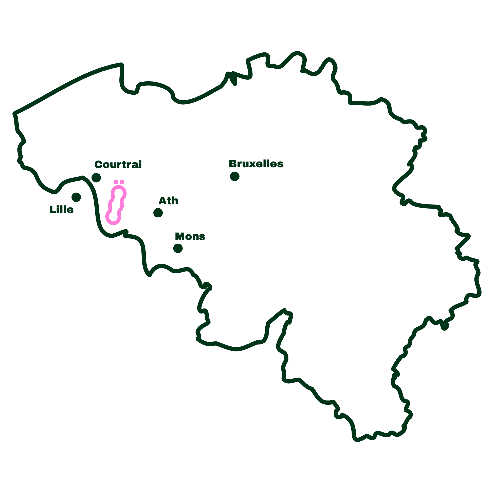 Map outline of Belgium with several cities marked, including Lille, Courtrai, Ath, Mons, and Bruxelles. A pink shape highlights the area around Lille and Courtrai.