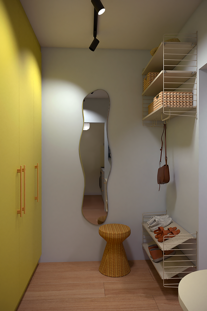 Meuble de vestiaire sur-mesure aux couleurs audacieuses pour optimiser l'espace d'un couloir d'entrée. Projet d'architecture d'intérieur.