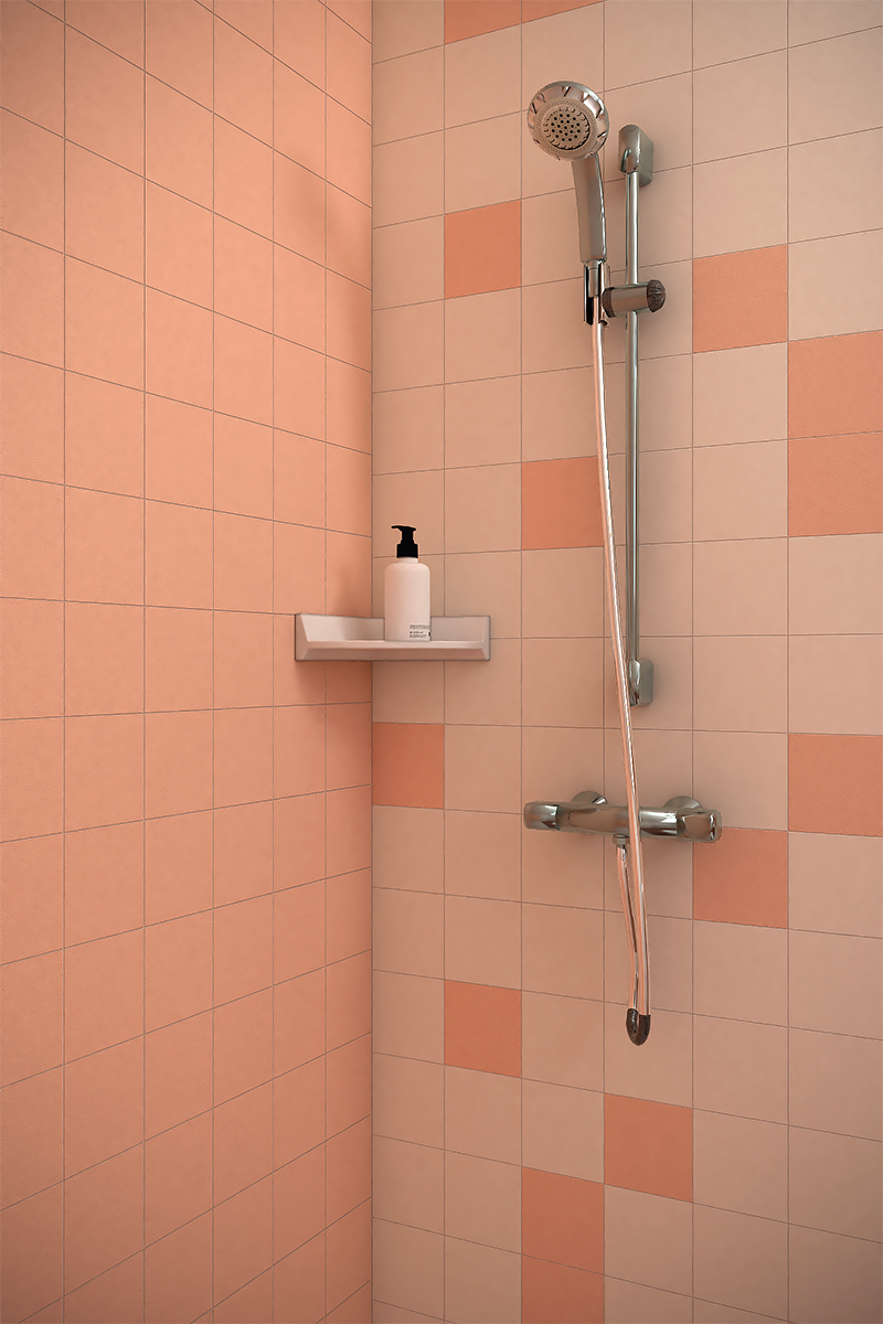 Zoom sur le carrelage mural rétro et la robinetterie encastrée d'une douche compacte bien pensée