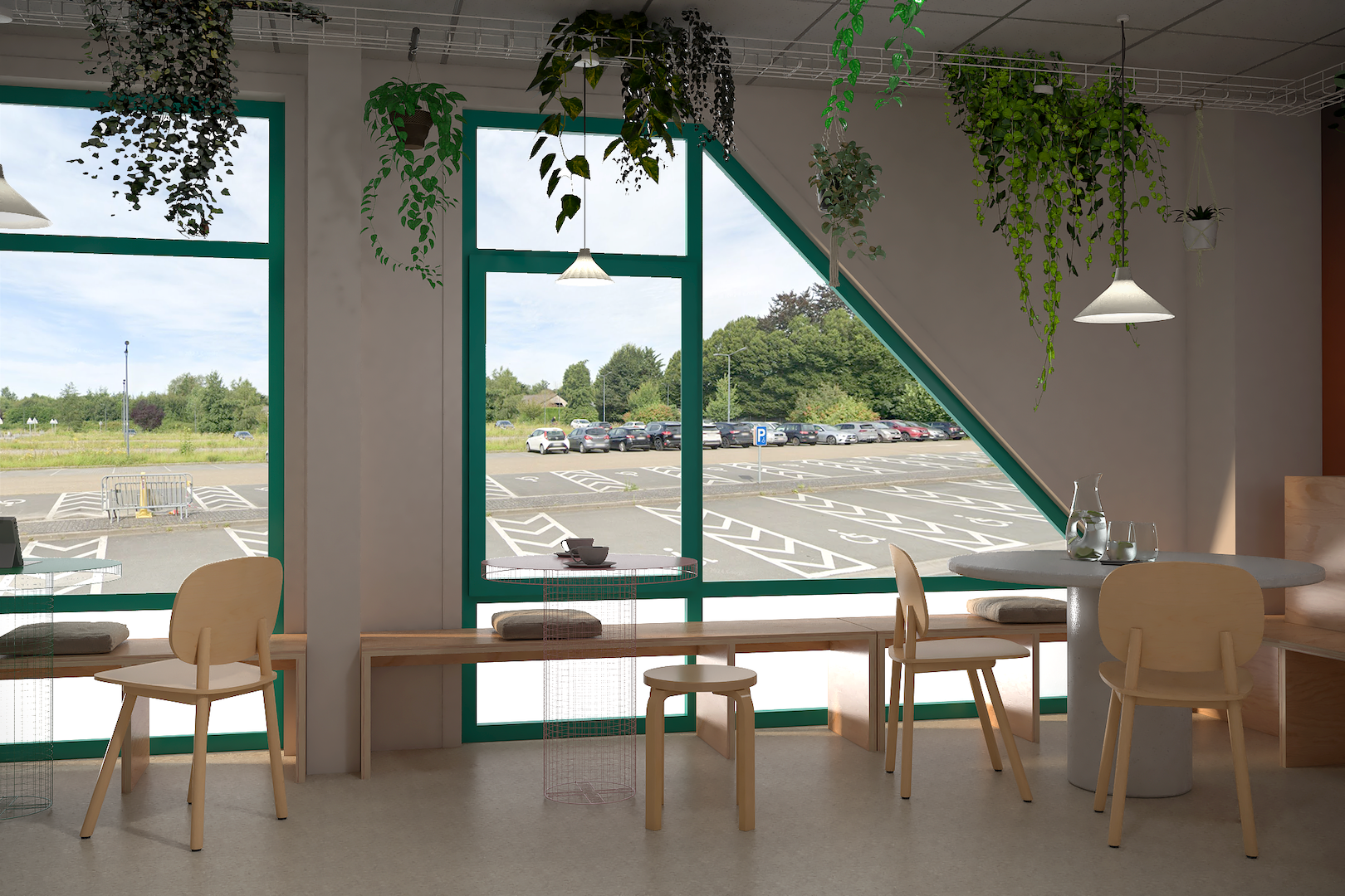 Décoration de bureaux professionnels avec une structure de plantes retombantes suspendues et des luminaires design pour rythmer la pièce