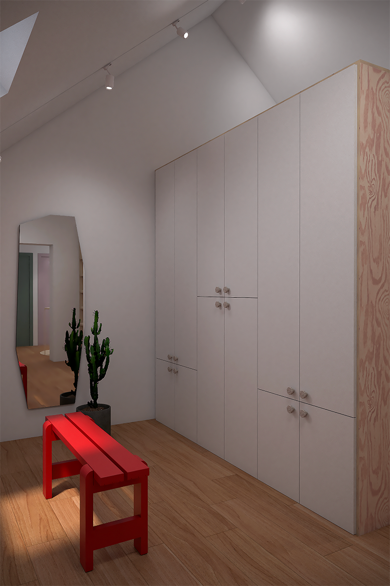 Ikea hack d'un dressing sur mesure encadré de panneaux en multiplex de pin blanchi, agrémenté d'un banc HAY rouge et d'un miroir déstructuré Fest Amsterdam
