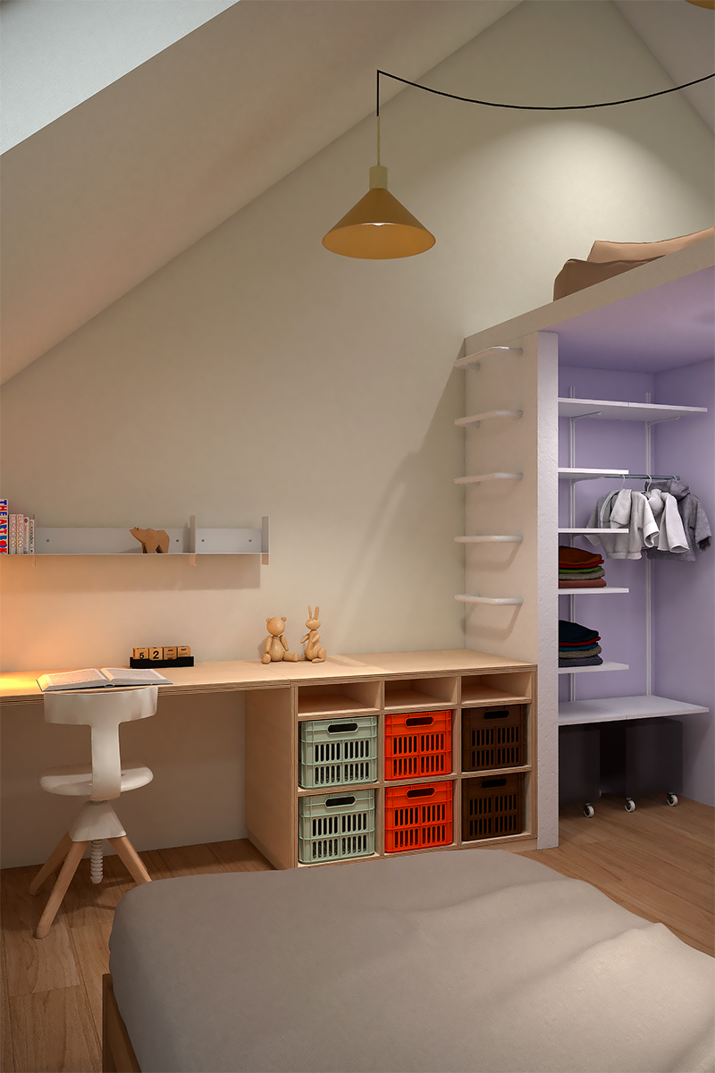 Entrée de chambre d'enfant entièrement peinte en couleur avec un dressing évolutif et modulable intégré