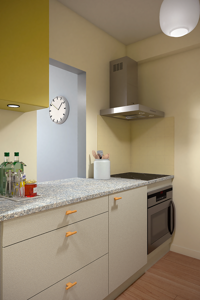 Rénovation d'une petite cuisine d'appartement à la mer avec deux plans de travail en granit et électroménagers encastrés